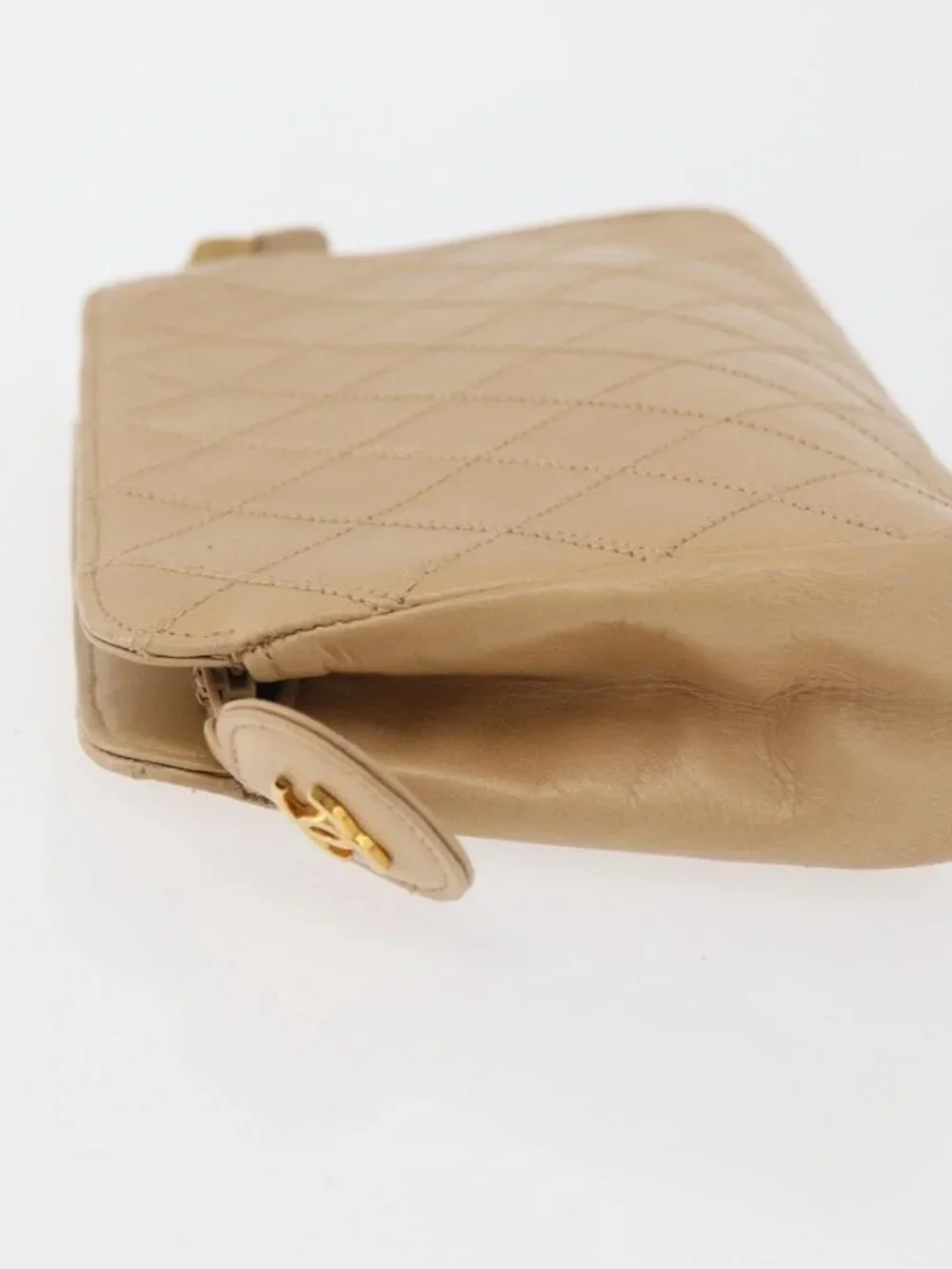 CHANEL Bicolore Pouch Lamb Skin Beige Gold CC Auth 177796